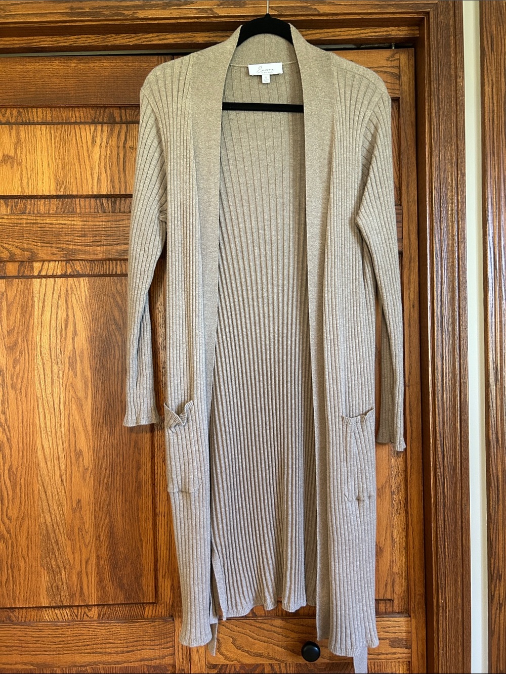 Long Ribbed Open-Front Cardigan Sweater - Beige